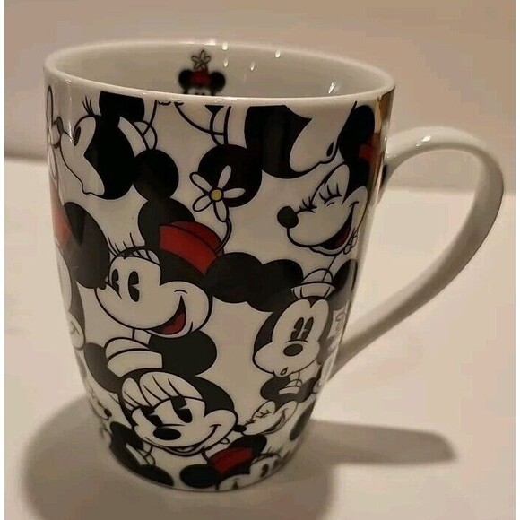 Disney Minnie  & Mickey Mouse Faces All Over Coffee Mug Black White Red 14oz NEW - Picture 3 of 4
